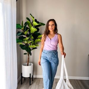 Purple Ribbed Knit Henley Tank Top